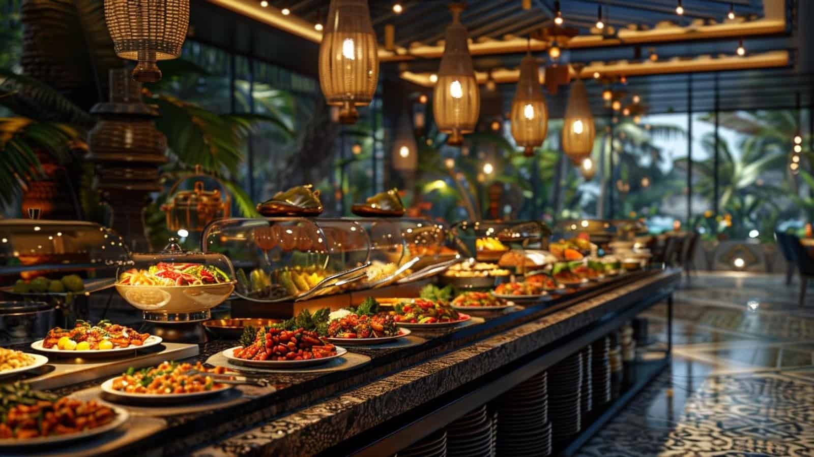 The Hidden Downside To Booking the Cheapest All-Inclusive Deals 4 Buffet with various dishes in a restaurant at an all-inclusive hotel