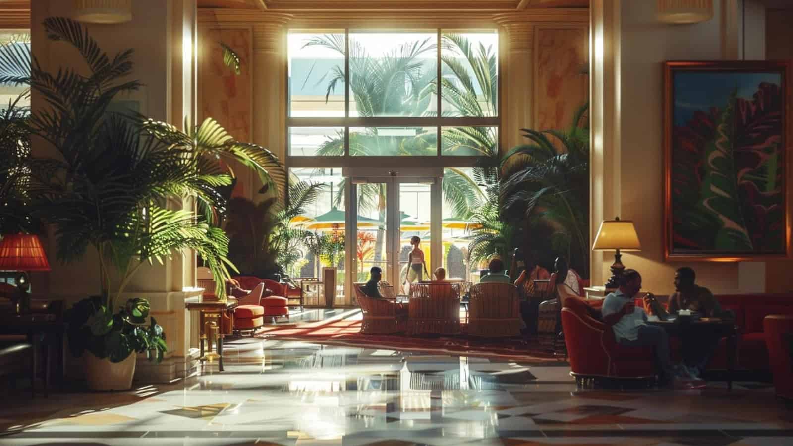 People relaxing at a hotel lobby