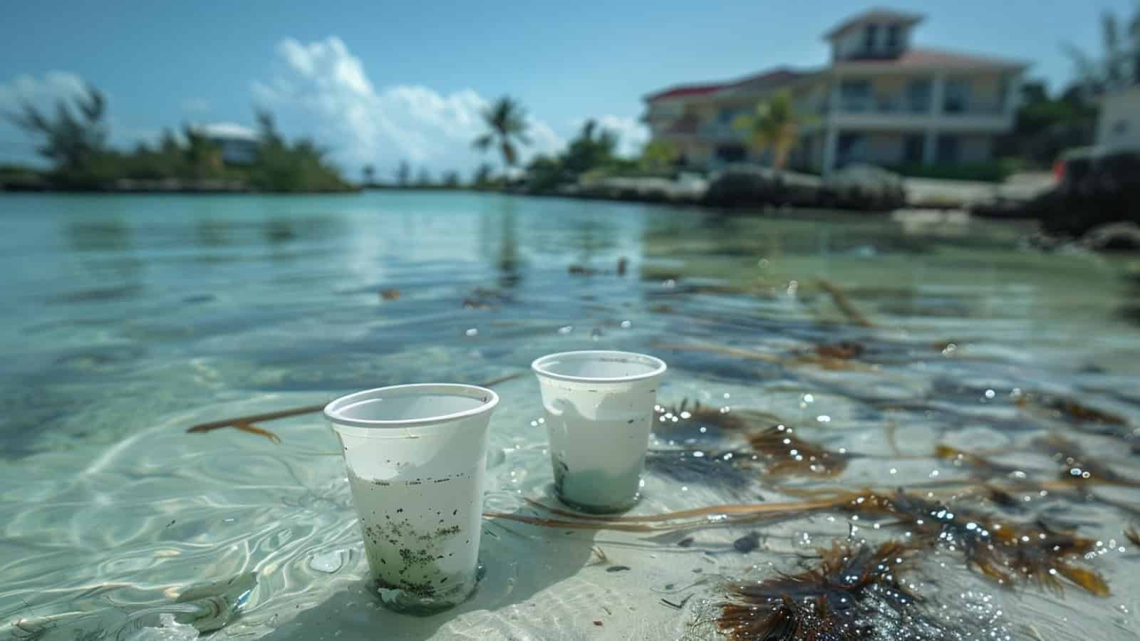 The Hidden Downside To Booking the Cheapest All-Inclusive Deals 6 a polluted Bahamas beach near the hotel, there is a lot of algae in the water and a couple of plastic cups