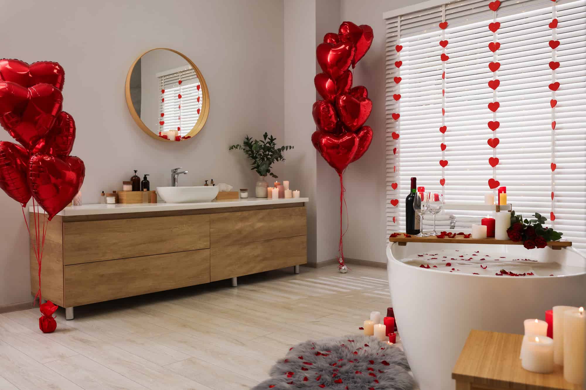 Stylish bathroom decorated for Valentine's day