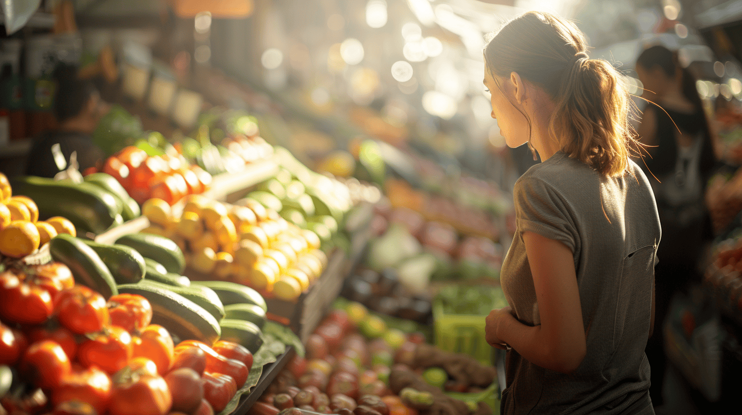 The Secrets to Traveling Full-Time Without Going Broke 8 girl chooses vegetables at the market