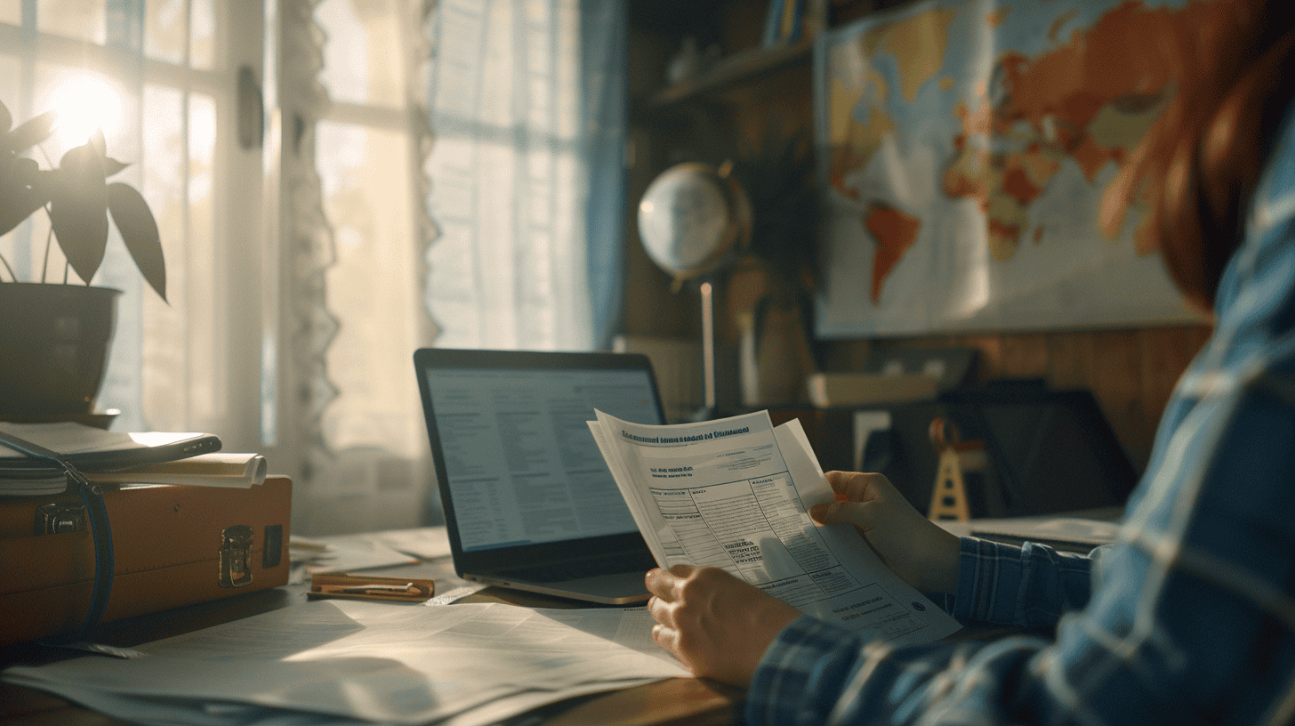 woman checking her documents with travel insurance
