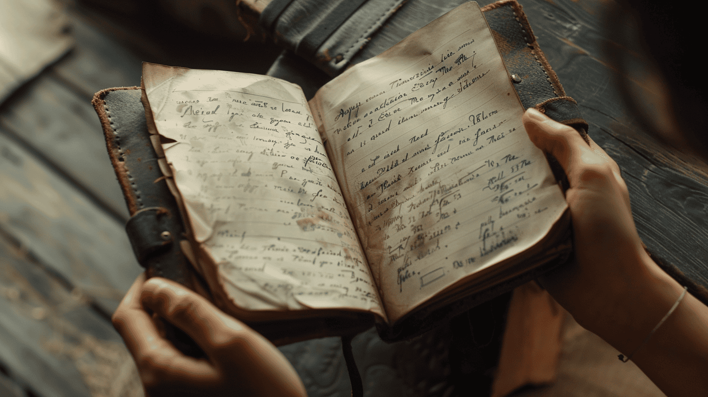 a woman reads her notebook with the first necessary phrases written in a foreign language