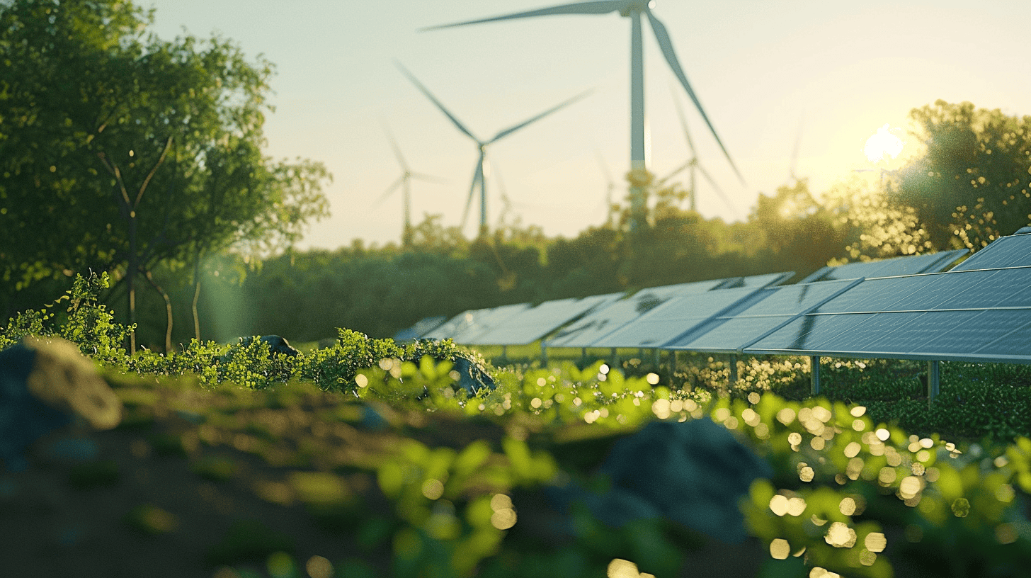 12 Tips for Traveling Sustainably and Reducing Your Carbon Footprint 2 Lots of greenery around wind turbines and solar panels