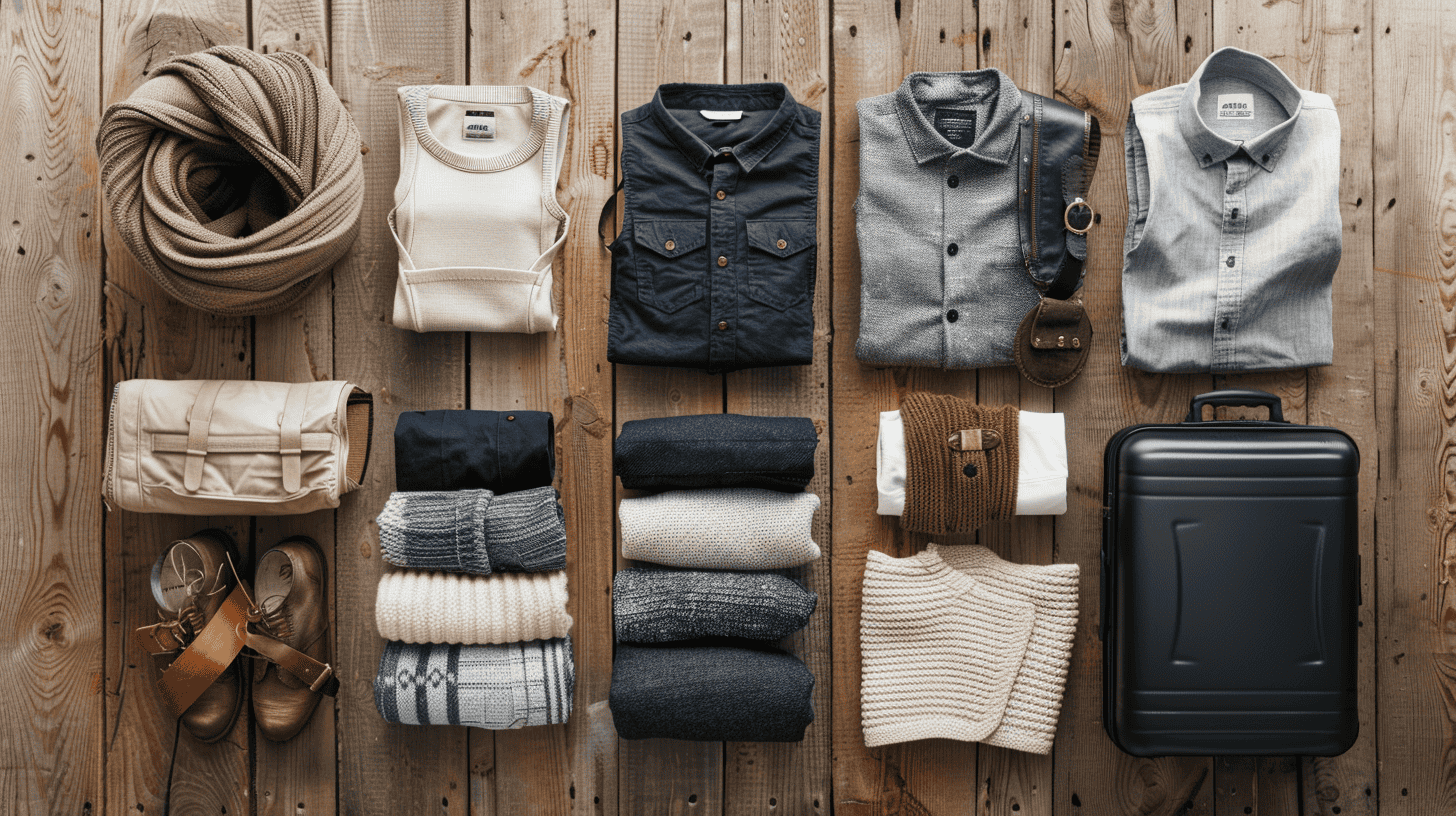 The Secrets to Traveling Full-Time Without Going Broke 15 clothes are laid out in 2 rows on the floor
