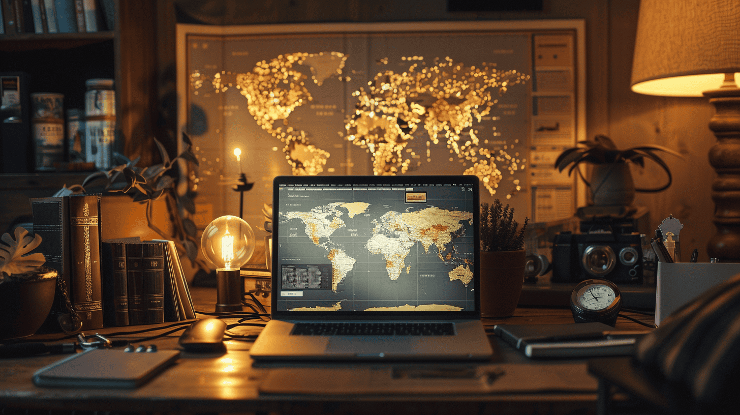 11 Websites That Can Seriously Upgrade Your Travel Game 5 table with a computer, a world map in the background.
