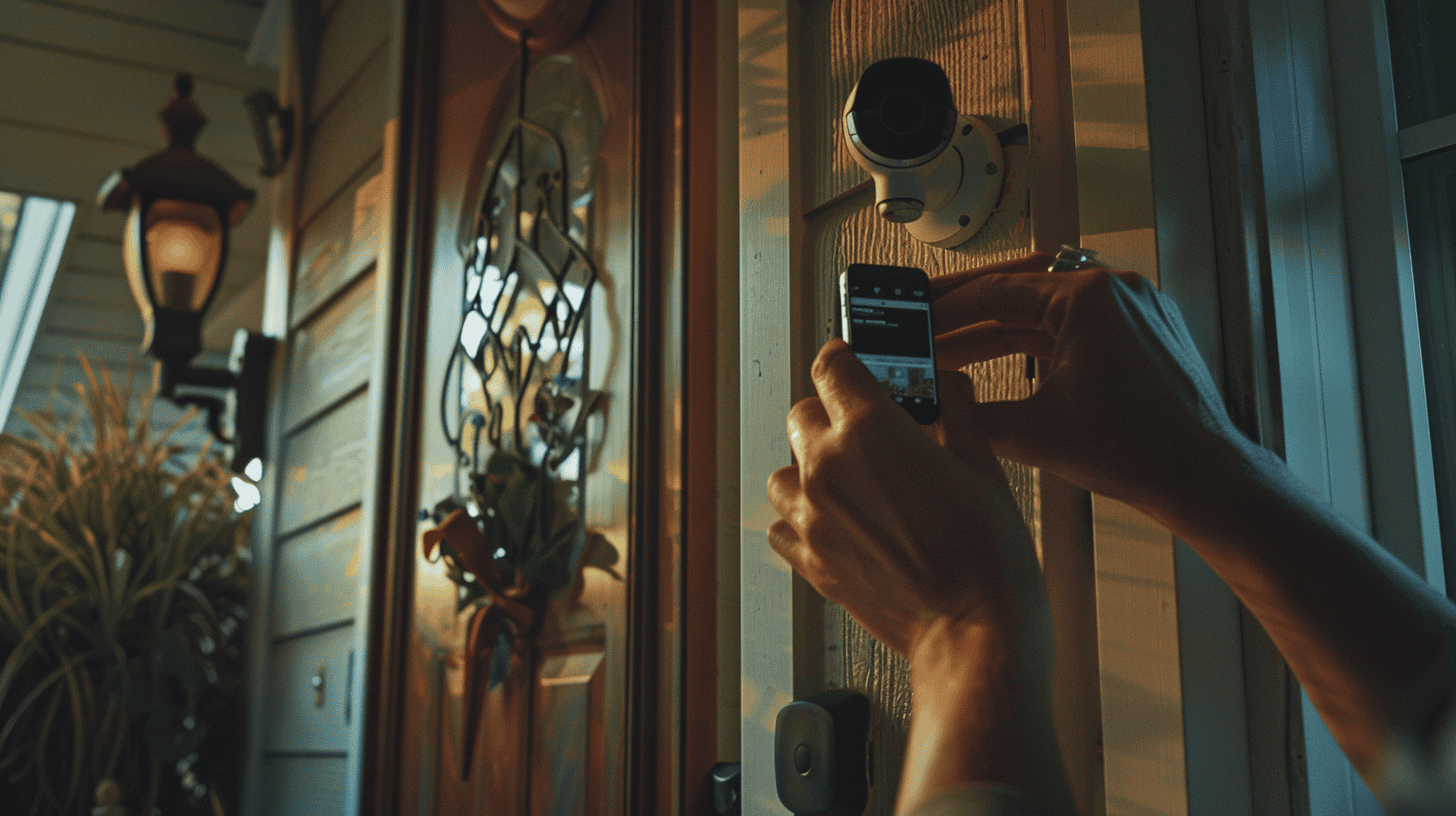 woman connects home security camera using smartphone